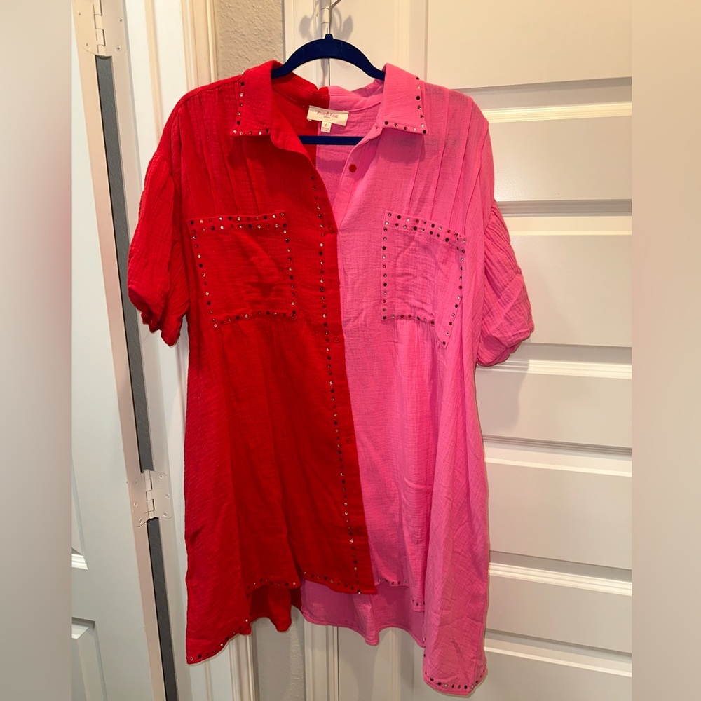Red and Pink Rhinestone Studded Button-Up Dress